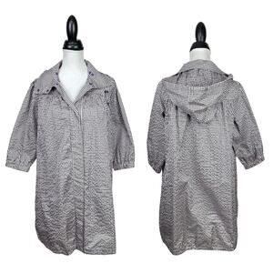 Riccini Purple White Gingham Hooded Snap Front Long Windbreaker Rain Jacket